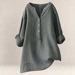 Valvet Oak House Edna grey linen and cotton blend blouse with a relaxed fit, V-neck, and button-down placket.