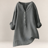 Valvet Oak House Edna grey linen and cotton blend blouse with a relaxed fit, V-neck, and button-down placket.