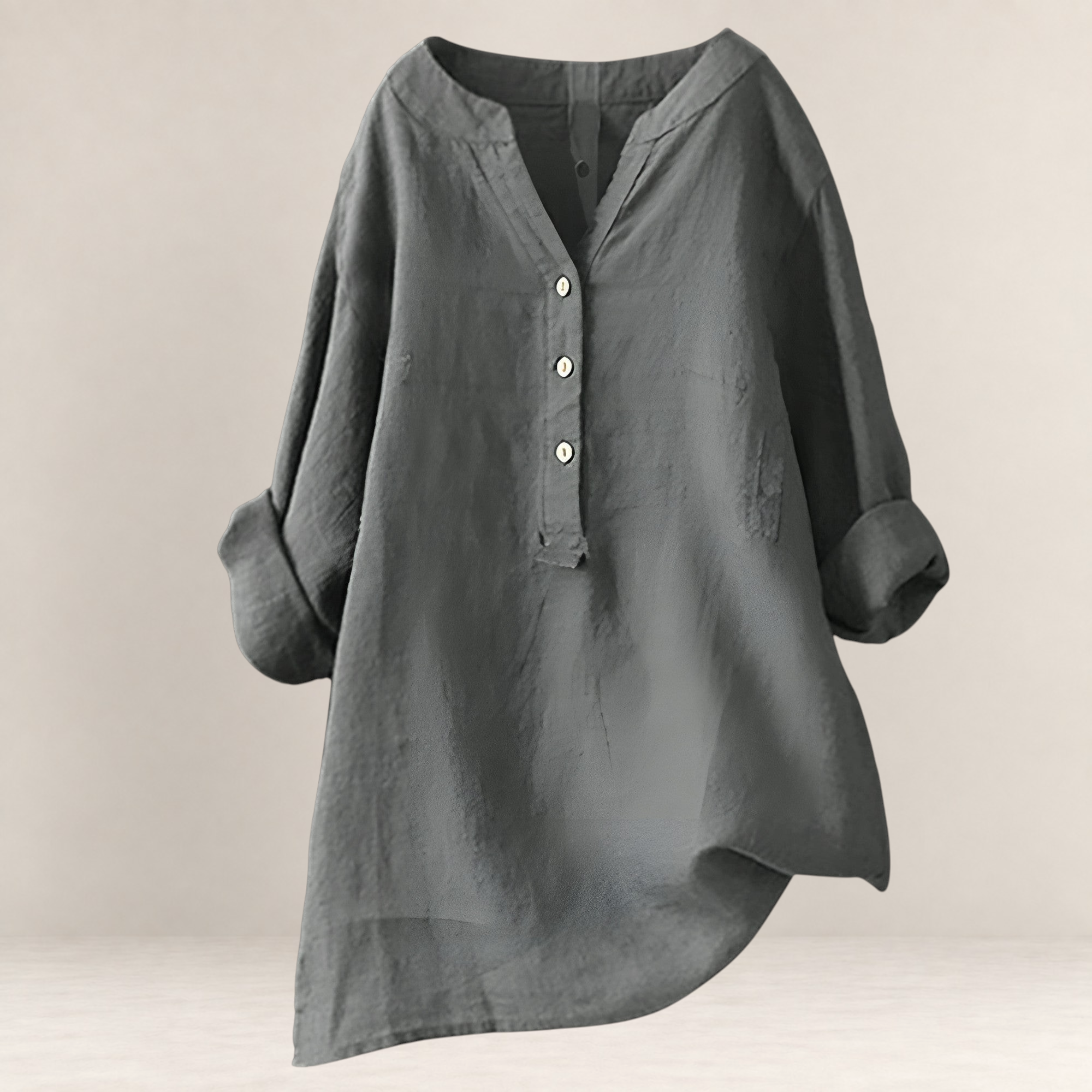 Valvet Oak House Edna grey linen and cotton blend blouse with a relaxed fit, V-neck, and button-down placket.