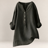 Valvet Oak House Edna charcoal grey linen and cotton blend blouse with a button-down collar and rolled sleeves.