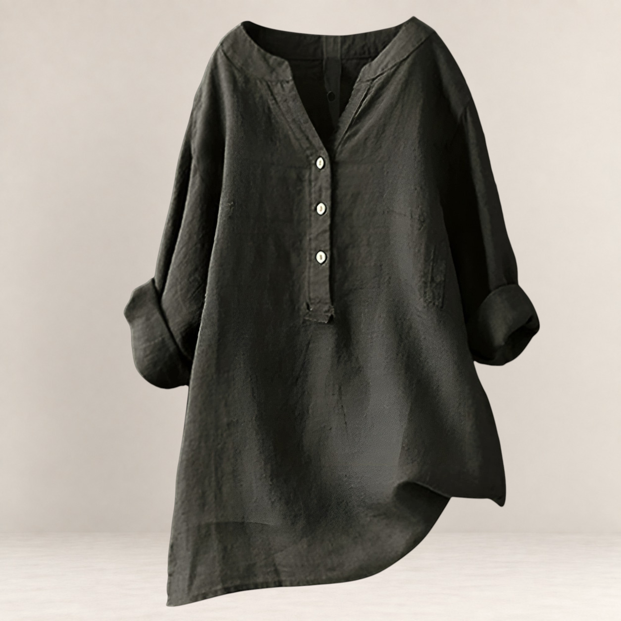 Valvet Oak House Edna charcoal grey linen and cotton blend blouse with a button-down collar and rolled sleeves.