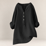 Valvet Oak House black linen and cotton blend blouse with a V-neck, button placket, and rolled sleeves.
