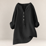 Valvet Oak House black linen and cotton blend blouse with a V-neck, button placket, and rolled sleeves.