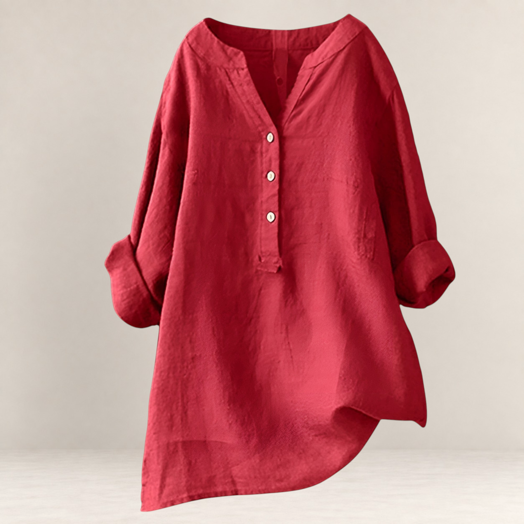 Valvet Oak House Edna red linen and cotton blend blouse with a relaxed fit, V-neck, and button-down placket.