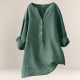 Valvet Oak House Edna green linen and cotton blend blouse with a relaxed fit, V-neck, and button-down front.