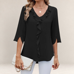 Valvet Oak House elegant black blouse with V-neck, front ruffles, and 3/4 split sleeves for a chic professional look.