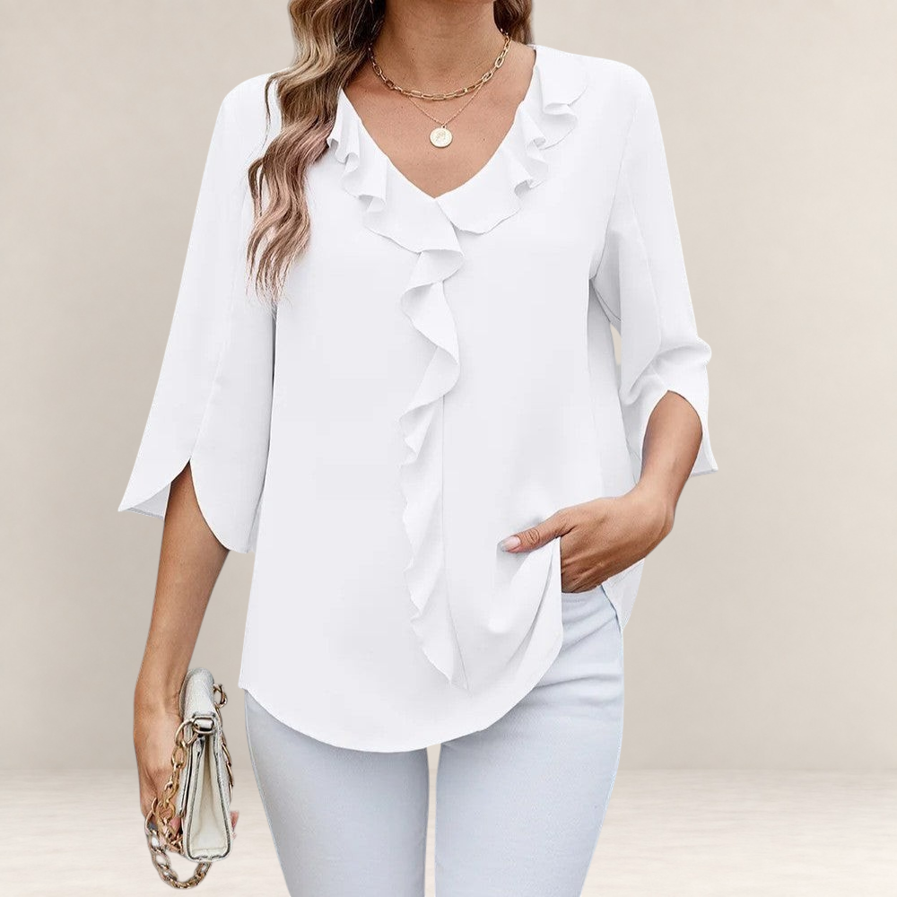 Valvet Oak House white blouse with V-neck, front ruffles, and 3/4 split sleeves worn by a woman