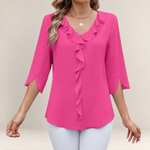 Valvet Oak House bright pink blouse with V-neck, front ruffles, and 3/4 length sleeves with side slits