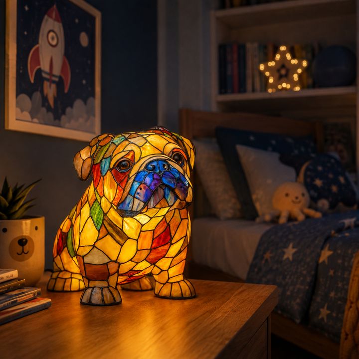 Lampa s bulldogem v sedící pozici