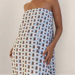 Valvet Oak House Iris strapless midi dress featuring a light blue and brown geometric pattern on a neutral background
