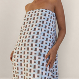 Valvet Oak House Iris strapless midi dress featuring a light blue and brown geometric pattern on a neutral background