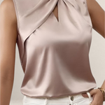 Valvet Oak House sleeveless satin blouse in champagne pink with a draped high neckline and elegant keyhole detail.