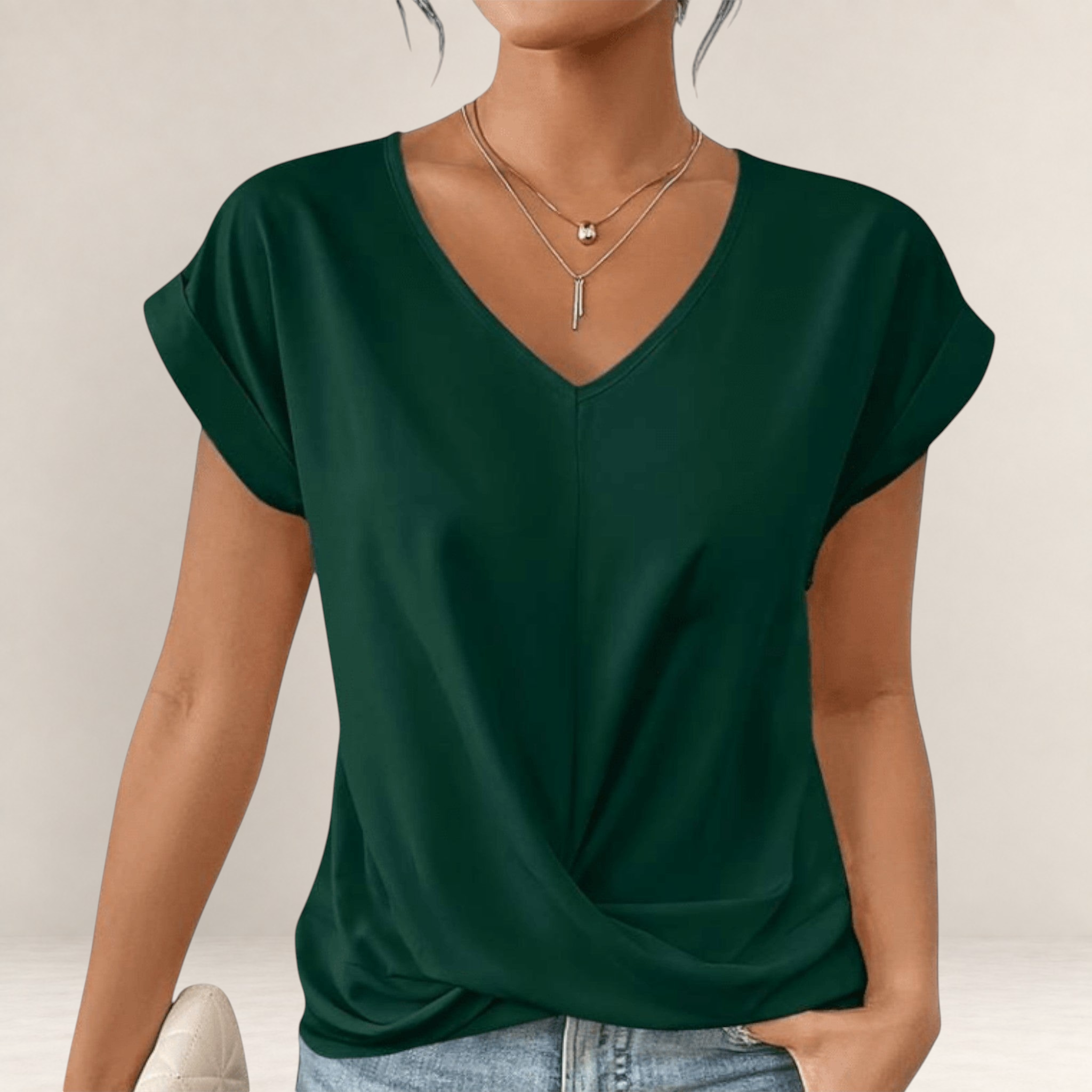 Valvet Oak House dark green V-neck t-shirt with short cuffed sleeves and a flattering draped front design