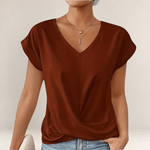 Valvet Oak House rust-colored V-neck t-shirt with short cuffed sleeves and a flattering draped front design.