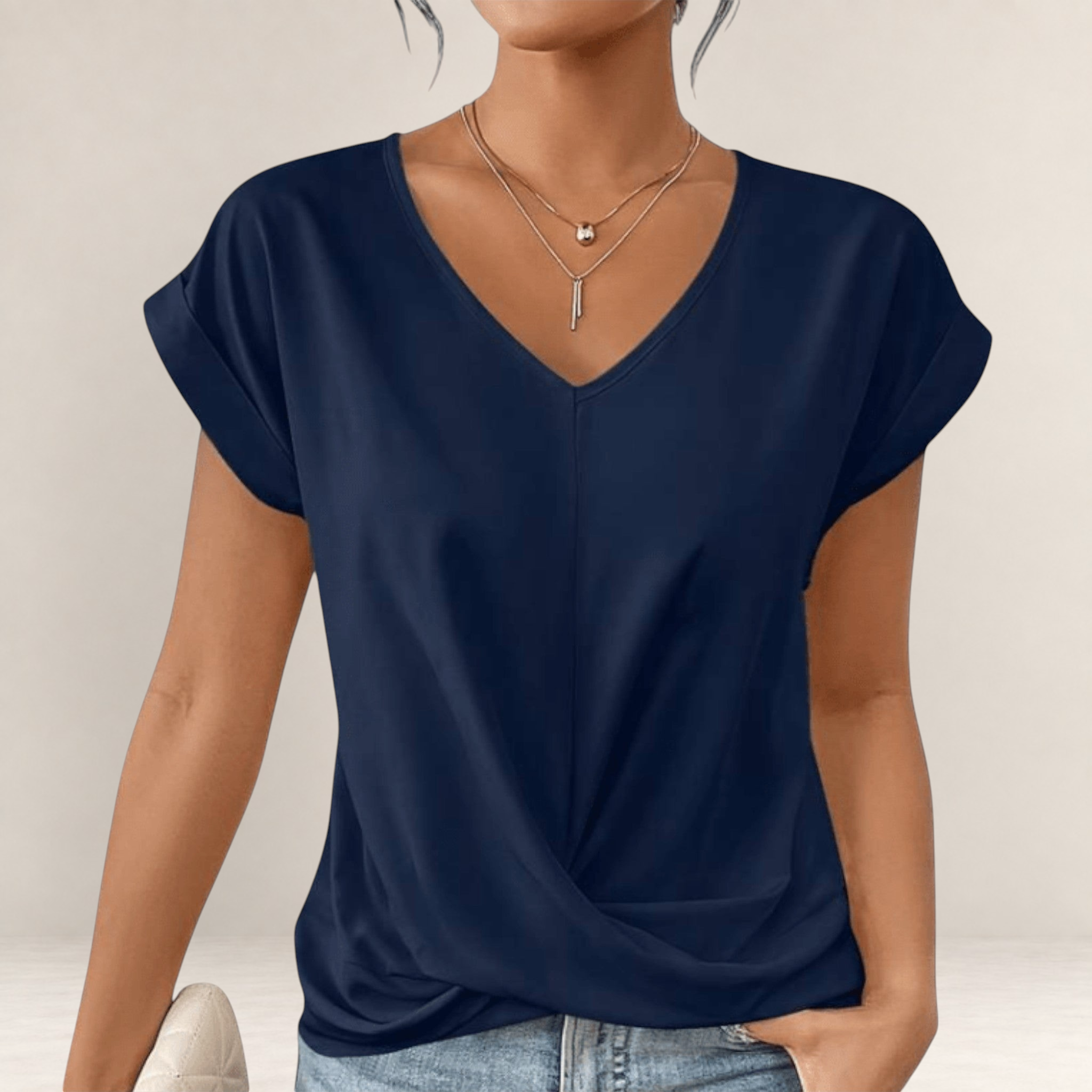 Valvet Oak House navy blue short sleeve t-shirt with a V-neck and flattering draped front design