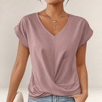 Valvet Oak House dusty pink V-neck t-shirt with short cuffed sleeves and a flattering draped front design.