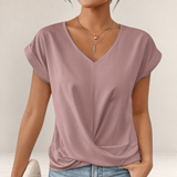Valvet Oak House dusty pink V-neck t-shirt with short cuffed sleeves and a flattering draped front design.