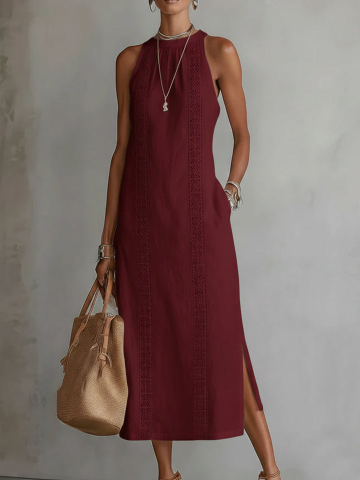 Jimena - Midi šaty z lnu s Mao límcem