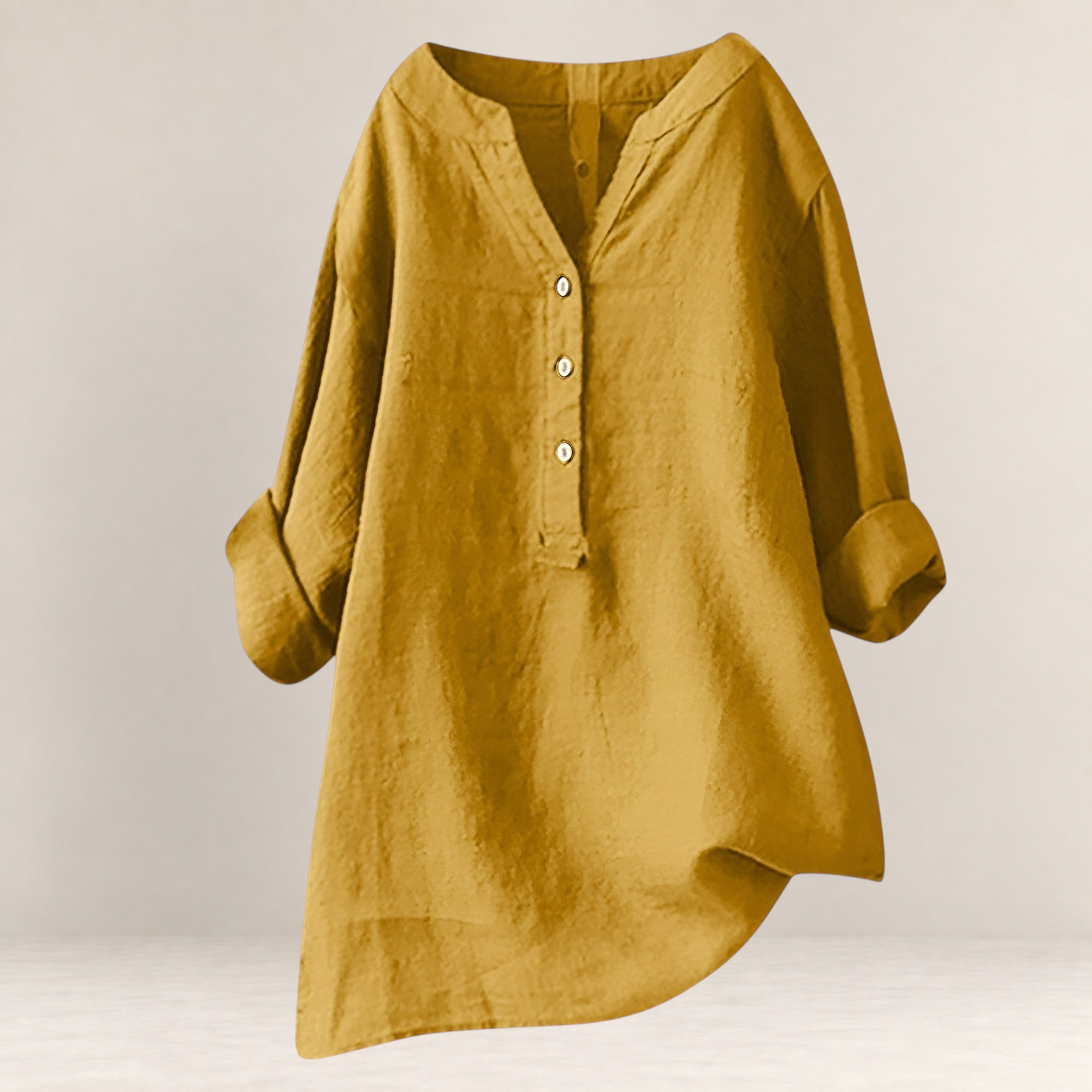 Valvet Oak House Edna mustard yellow linen and cotton blend blouse with a V-neck and button-down front