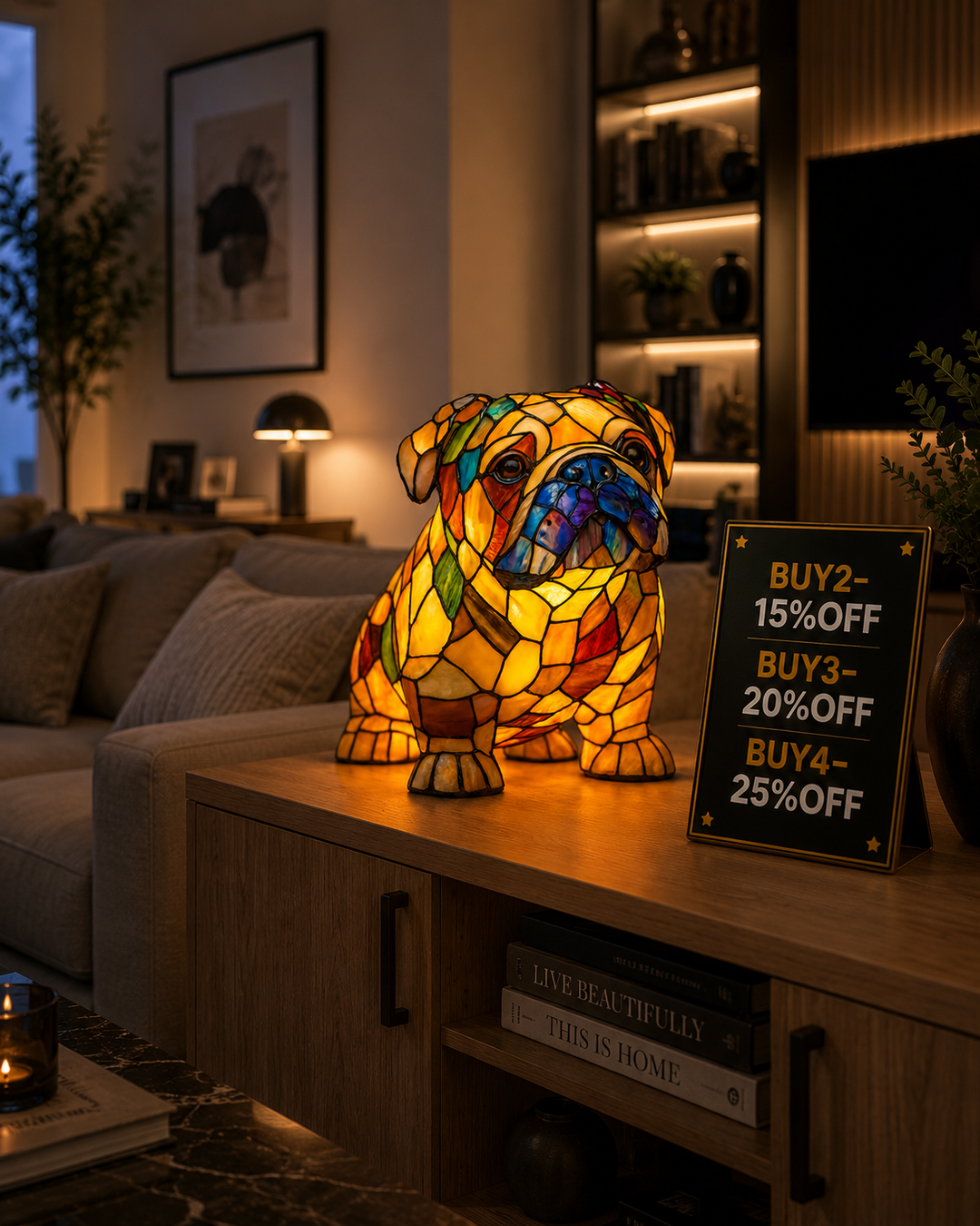 Lampa s bulldogem v sedící pozici