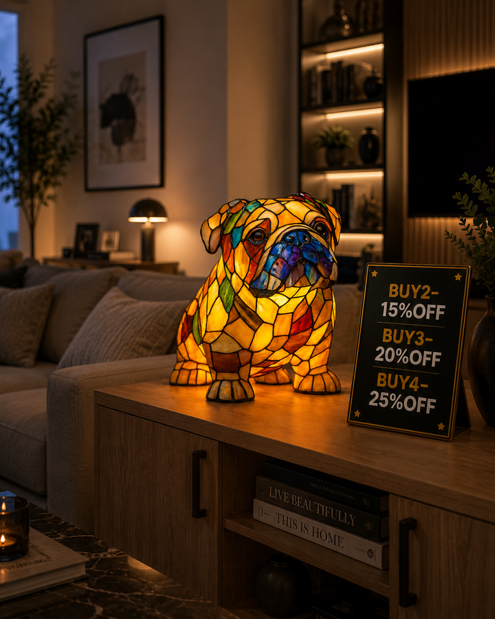 Lampa s bulldogem v sedící pozici
