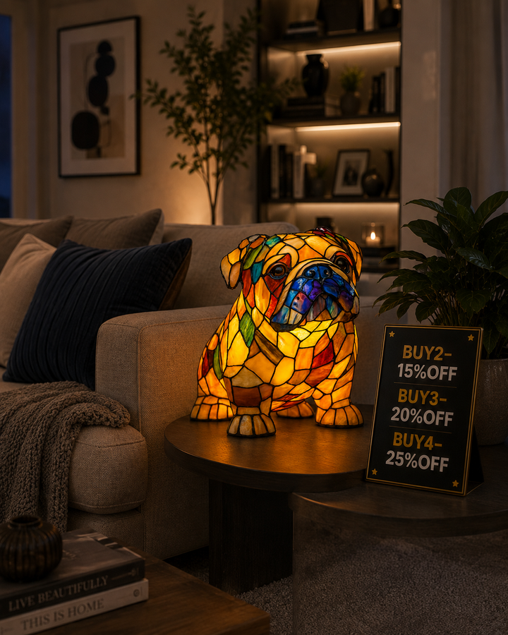 Lampa s bulldogem v sedící pozici