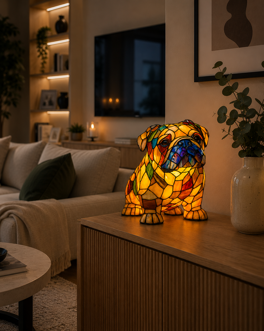 Lampa s bulldogem v sedící pozici